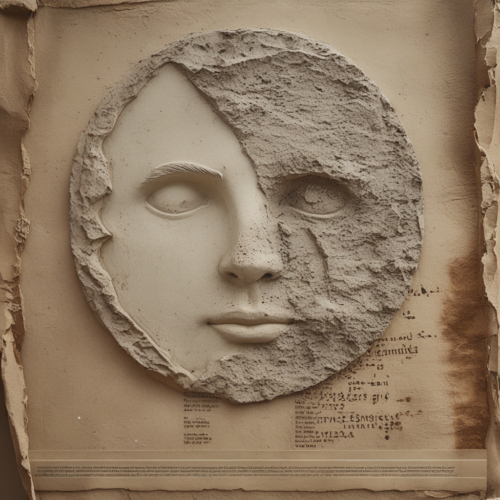 Widok z góry na starą mapę anatomiczną leżącą obok linijki i ołówka na szarym lnianym obrusie, ciepłe boczne światło wydobywa teksturę papieru, przedmioty badawcze i naukowe bez tekstu czytelnego, spokojna, studyjna kompozycja