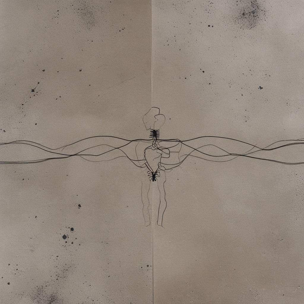 Abstrakcyjne, schematyczne ujęcie sylwetki ludzkiego ciała w ruchu, minimalistyczna grafika na tle szarego płótna, linie biegnące wzdłuż sylwetki sugerują napięcie mięśniowe, bez oznaczeń medycznych, neutralna estetyka studyjna