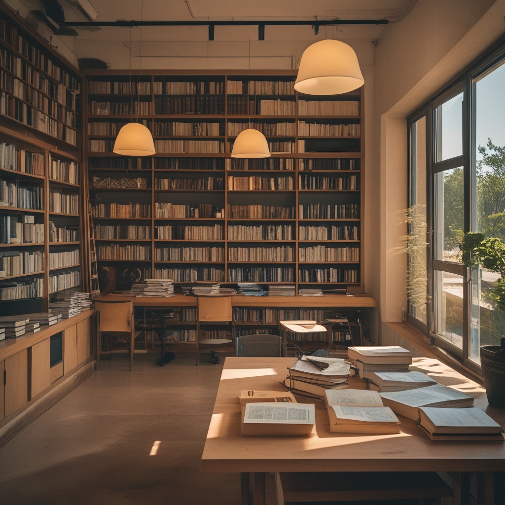 Biblioteczna przestrzeń z wysokimi półkami pełnymi książek, spokojne światło latarni przechodzące przez okno, puste drewniane krzesła przy stole czytelniczym, atmosfera skupienia i intelektualnej refleksji