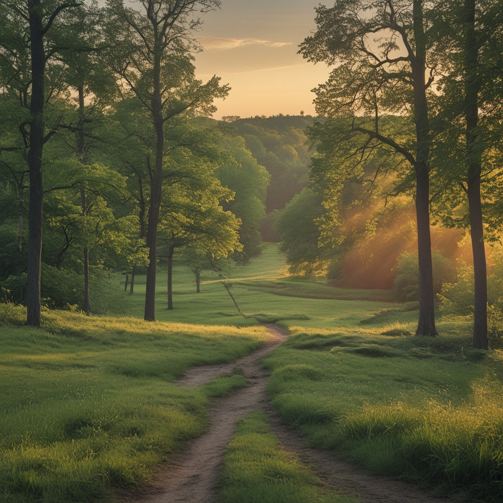 Rozmyte tło parku z zielonymi drzewami i plamami słonecznego światła przechodzącego przez liście, pusta ścieżka przez las wczesnym rankiem, atmosfera spokoju i naturalnego środowiska bez ludzi