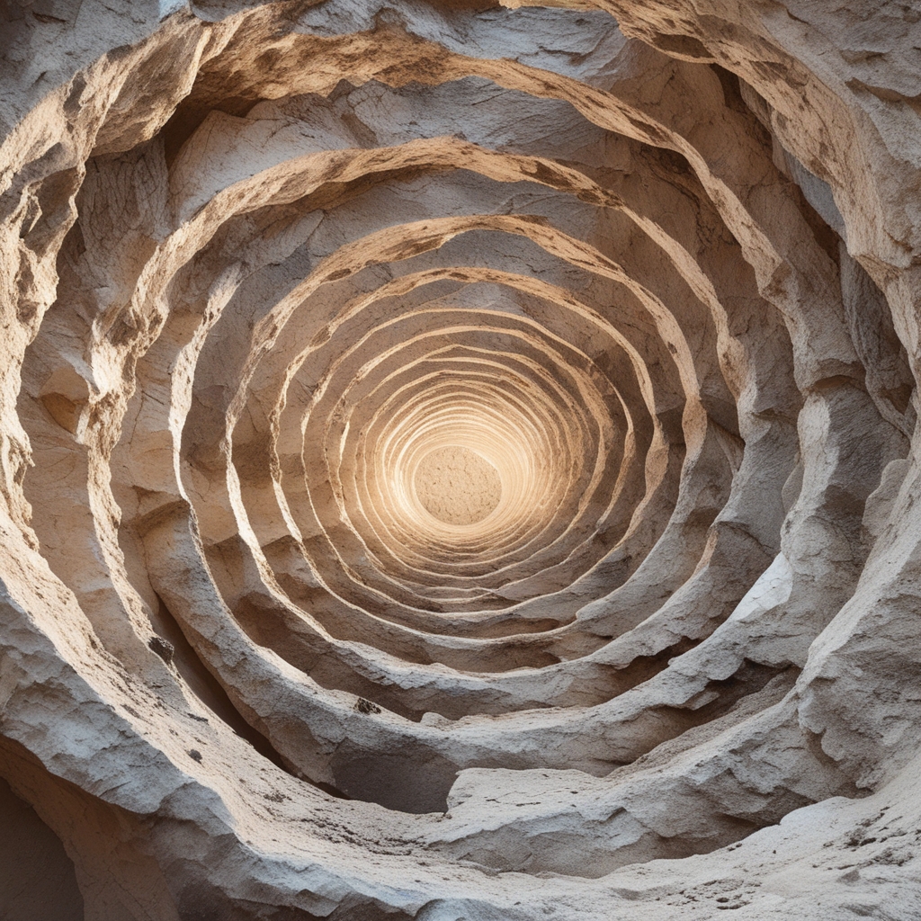 Abstrakcyjne spiralne wzory w piasku fotografowane z bliska, misternie wykonane okrągłe ślady narzędzia na jasnym, gładkim piasku, tło w cieniu, kontrastowe boczne oświetlenie podkreślające głębię wzorów, metaforyczna wizualizacja ruchu i harmonii