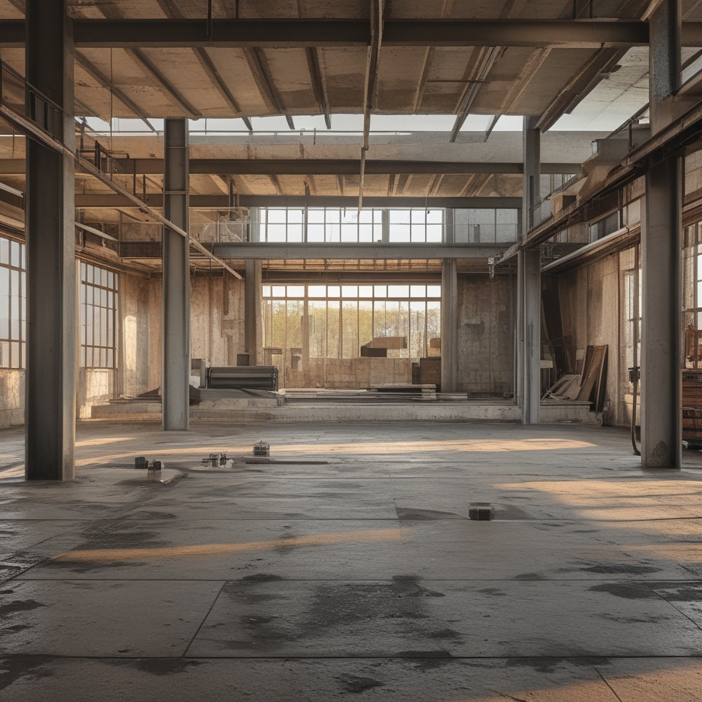 Betonowa sala ćwiczeń z wysokimi oknami przemysłowymi, proste stalowe drążki i liny zamontowane przy ścianie, brak ludzi, surowe industrialne wnętrze z naturalnym światłem, polerowana podłoga z refleksami świetlnymi