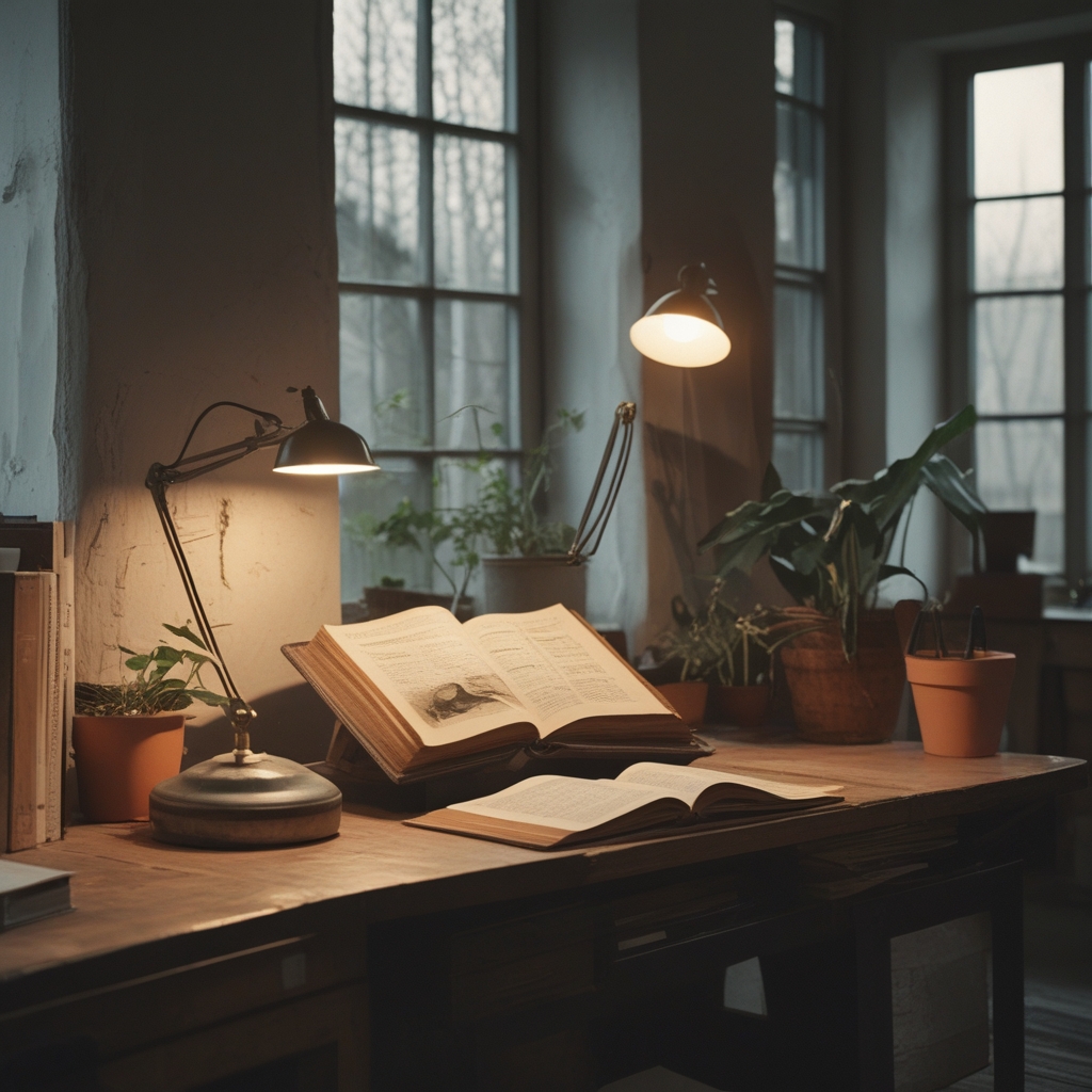 Otwarta, stara anatomiczna księga leżąca na drewnianym stole przy lampie biurkowej, strony z ilustracjami kości i mięśni widoczne w ciepłym świetle, atmosfera studenckiej pracowni, bez napisów czytelnych, vintage klimat