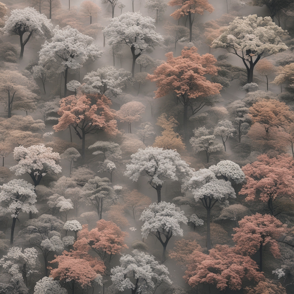 Leśna ścieżka pośród wysokich sosen z prześwitami słonecznego światła pomiędzy drzewami, miękkie, naturalne podłoże z igliwiem i korzeniami, mglisty poranek w lesie, brak ludzi, spokojny pejzaż naturalny